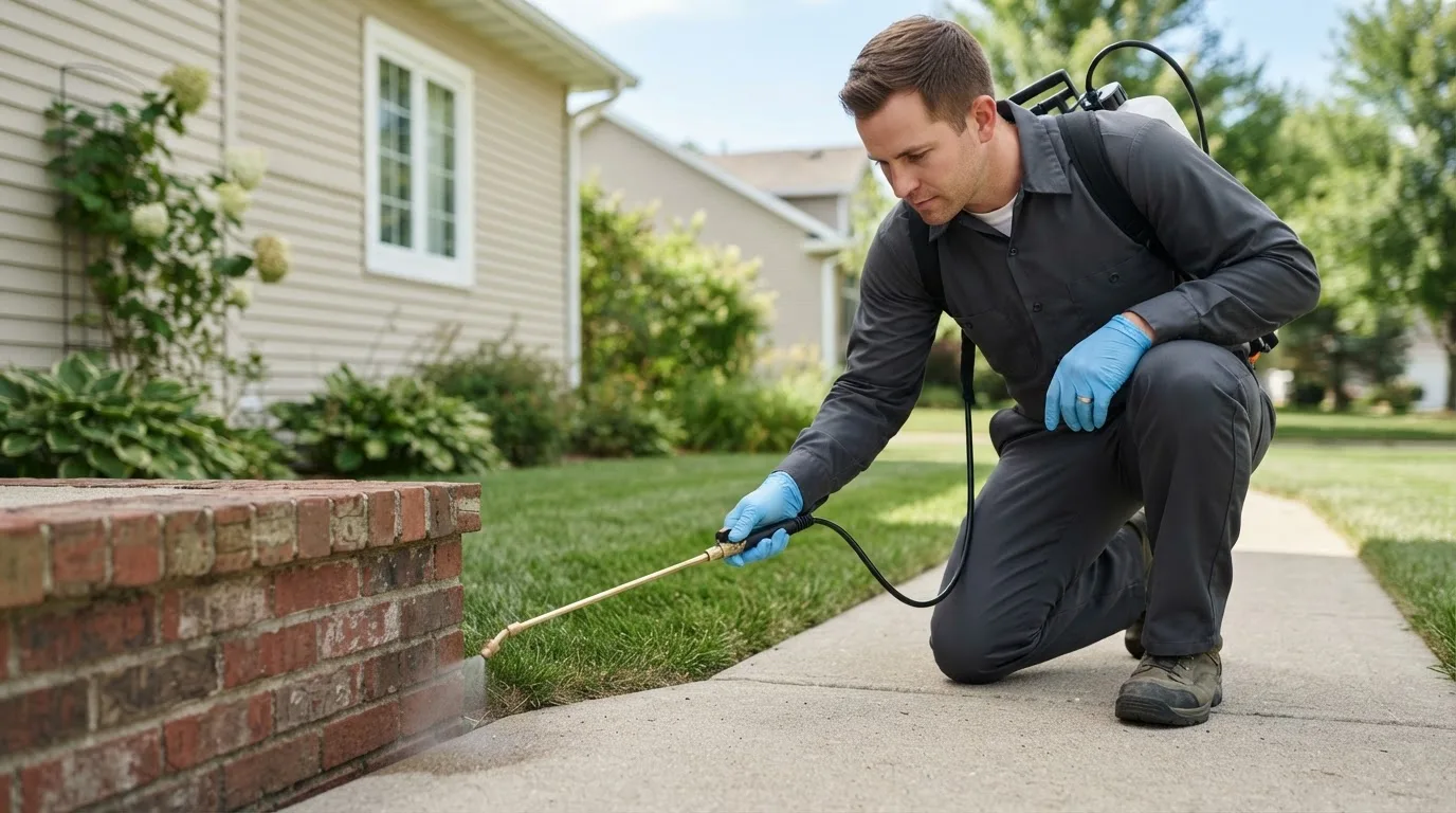 Pest control technician treating a home near Green Springs, OH